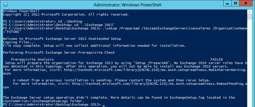 A reboot from a previous installation is pending exchange. Please restart the system and rerun setup.