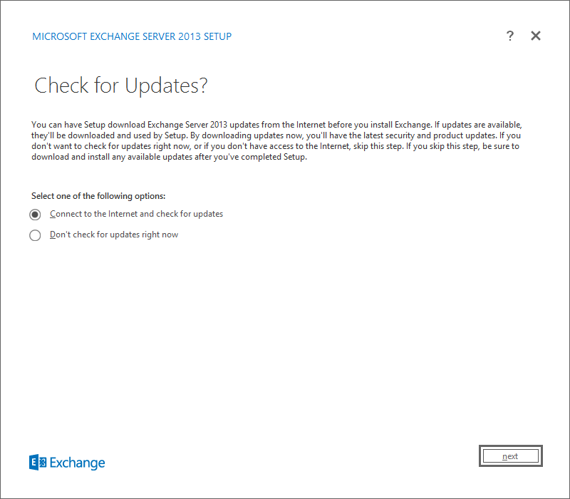Install and deploy Exchange2013 on Windows Server 2012 Chekc for updates
