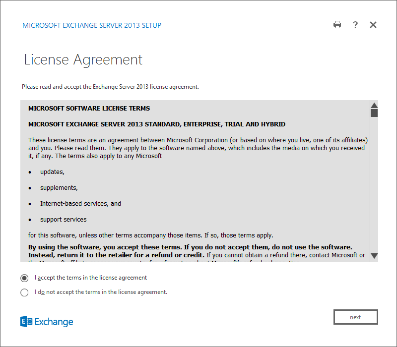 Installeer Microsoft Exchange 2013 op WIndows Server 2012 License Agreement